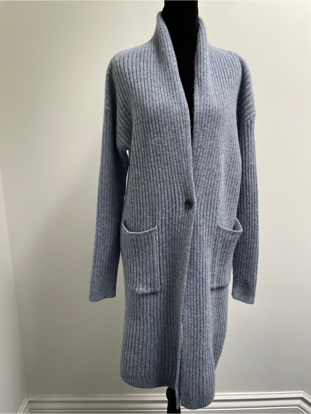 Uniqlo 100% Wool Long Ribbed Duster Cardigan Blue Size S